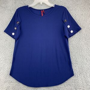 Love Scarlett Blouse Top Women's Small Navy Blue Stretch Short Sleeve Buttons